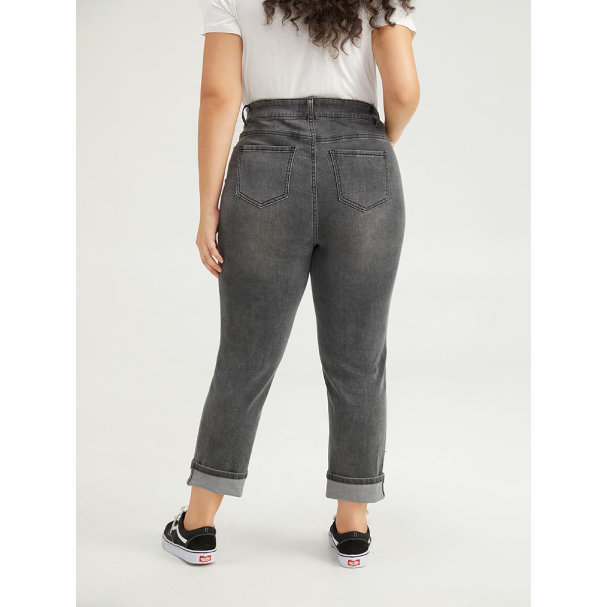 Plus Size Solid Roll Hem Black Wash Jeans Women LightGray Casual Plain Roll Hem High stretch Pocket Jeans BloomChic 22/3X Product Image
