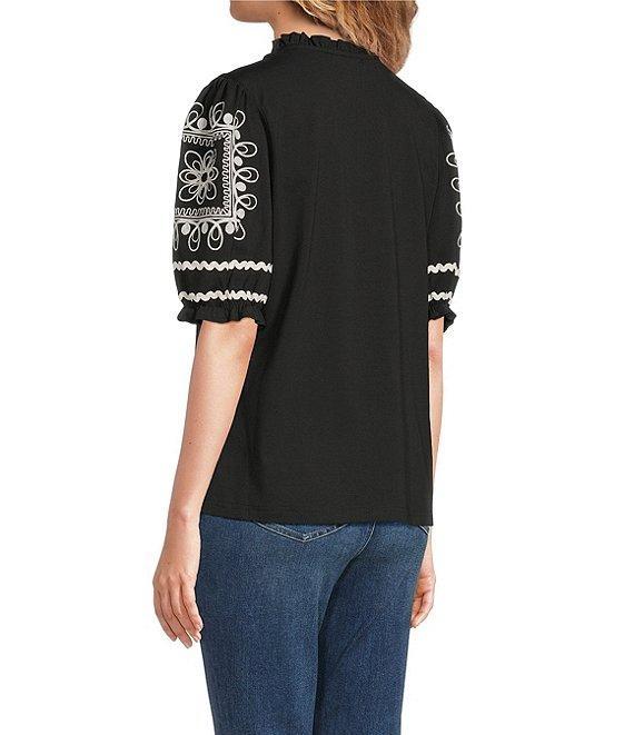 Calessa Embroidered Split V-Neck Short Balloon Sleeve Blouse Product Image