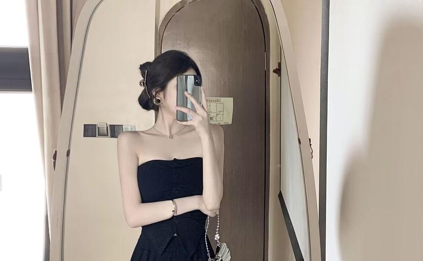 Set: Plain Ruched Tube Top + Elastic Waist Wide Leg Pants Product Image
