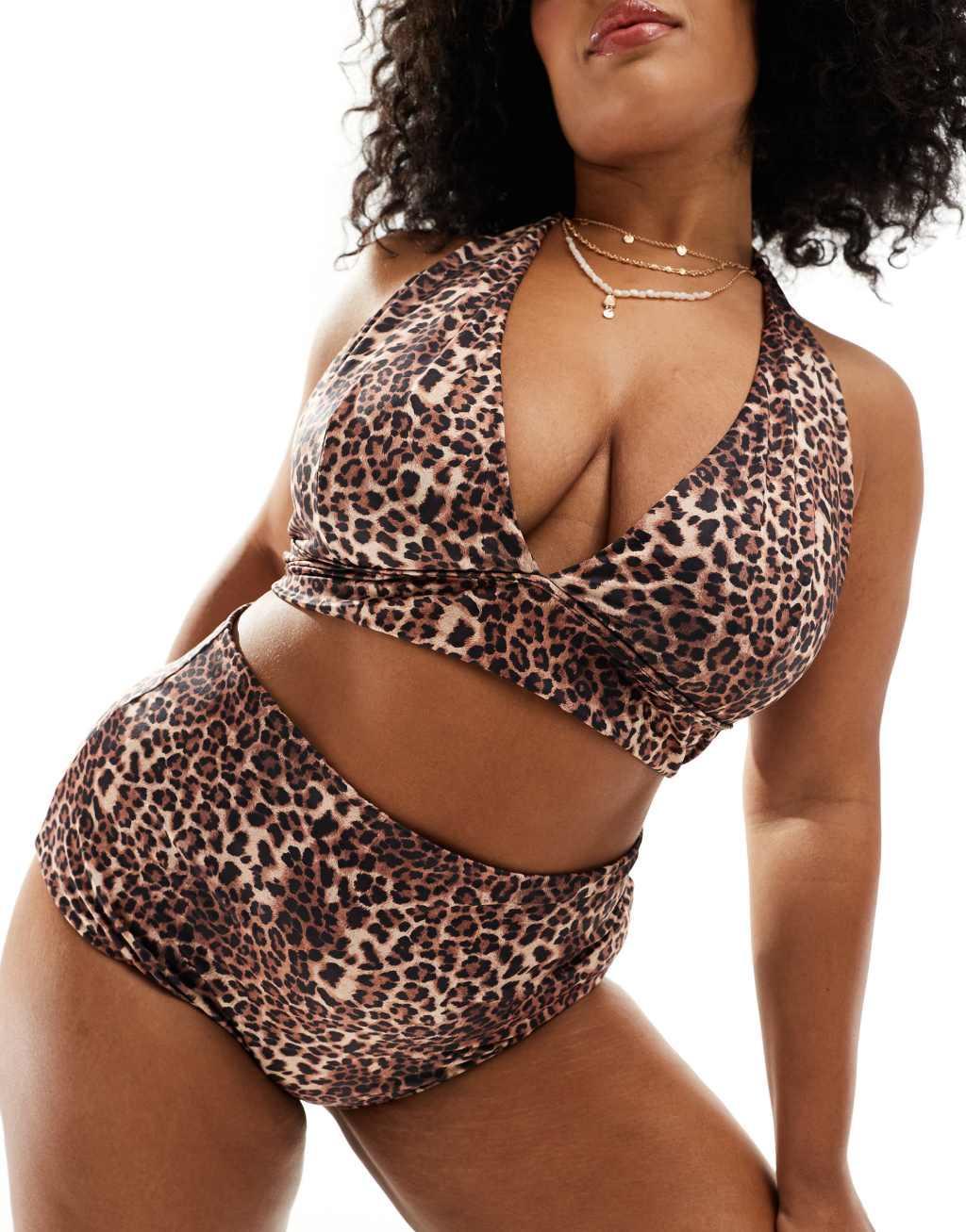 ASOS DESIGN Curve Mindy high apex halter triangle bikini top in leopard Product Image