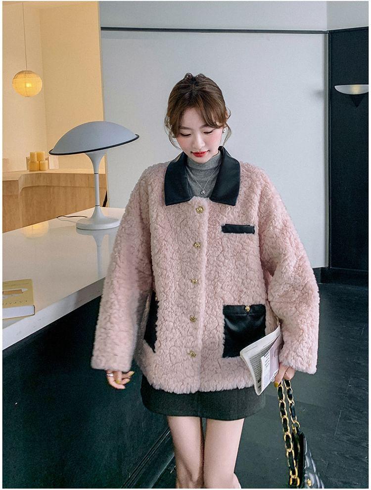 Plain Contrast Trim Faux Leather Panel Faux Shearling Single-Breasted Jacket Product Image