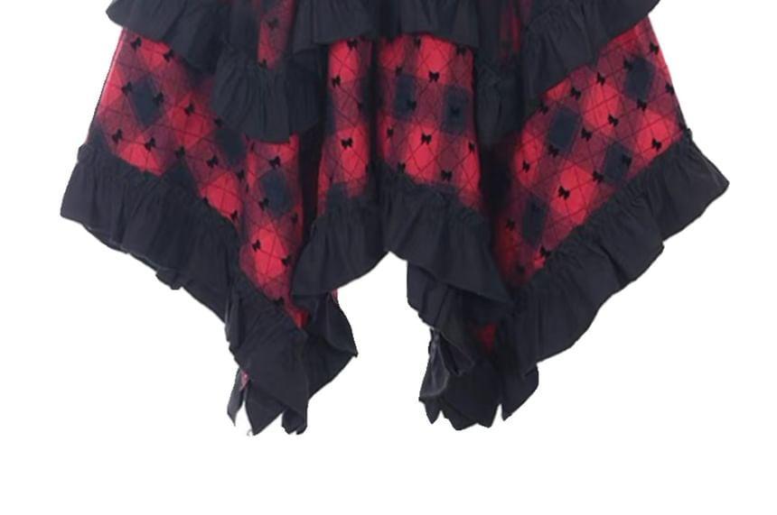 High Waist Plaid Ruffle Panel Mesh Midi A-Line Skirt Product Image