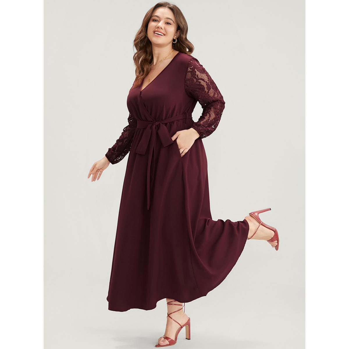 Plus Size Solid Wrap Pocket Lantern Sleeve Lace Belted Maxi Dress Burgundy Women Elegant V-neck Long Sleeve Curvy Long Dress BloomChic 10/M Product Image