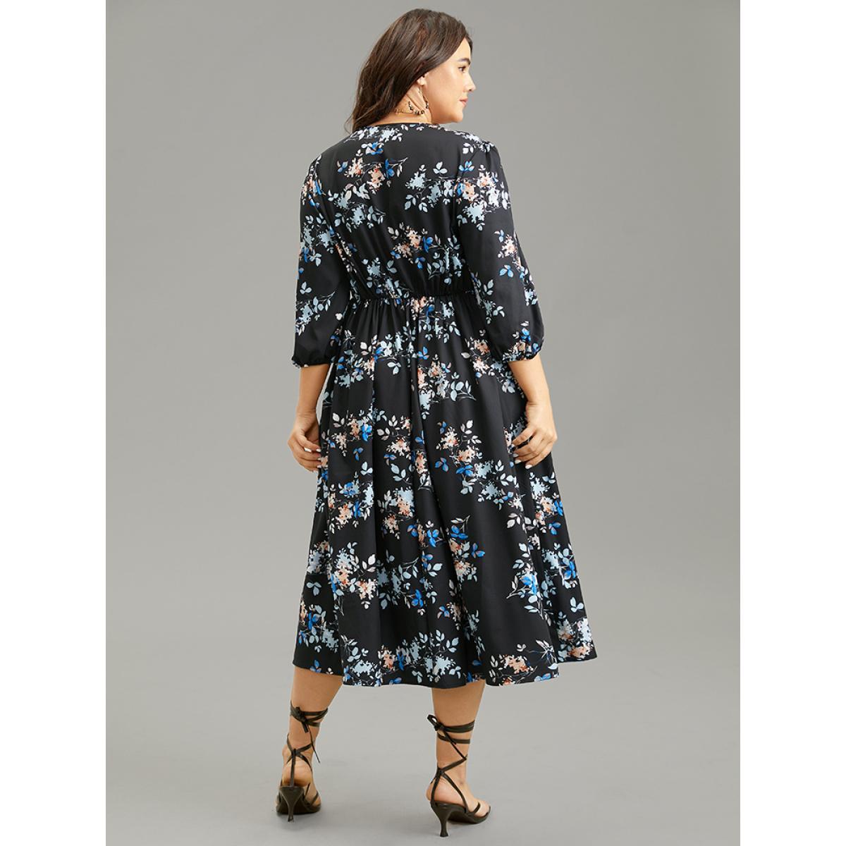 Plus Size Floral Wrap Gathered Lantern Sleeve Dress Multicolor Women Vacation Elastic cuffs Overlap Collar Elbow-length sleeve Curvy Midi Dress BloomChic 26/4X Product Image