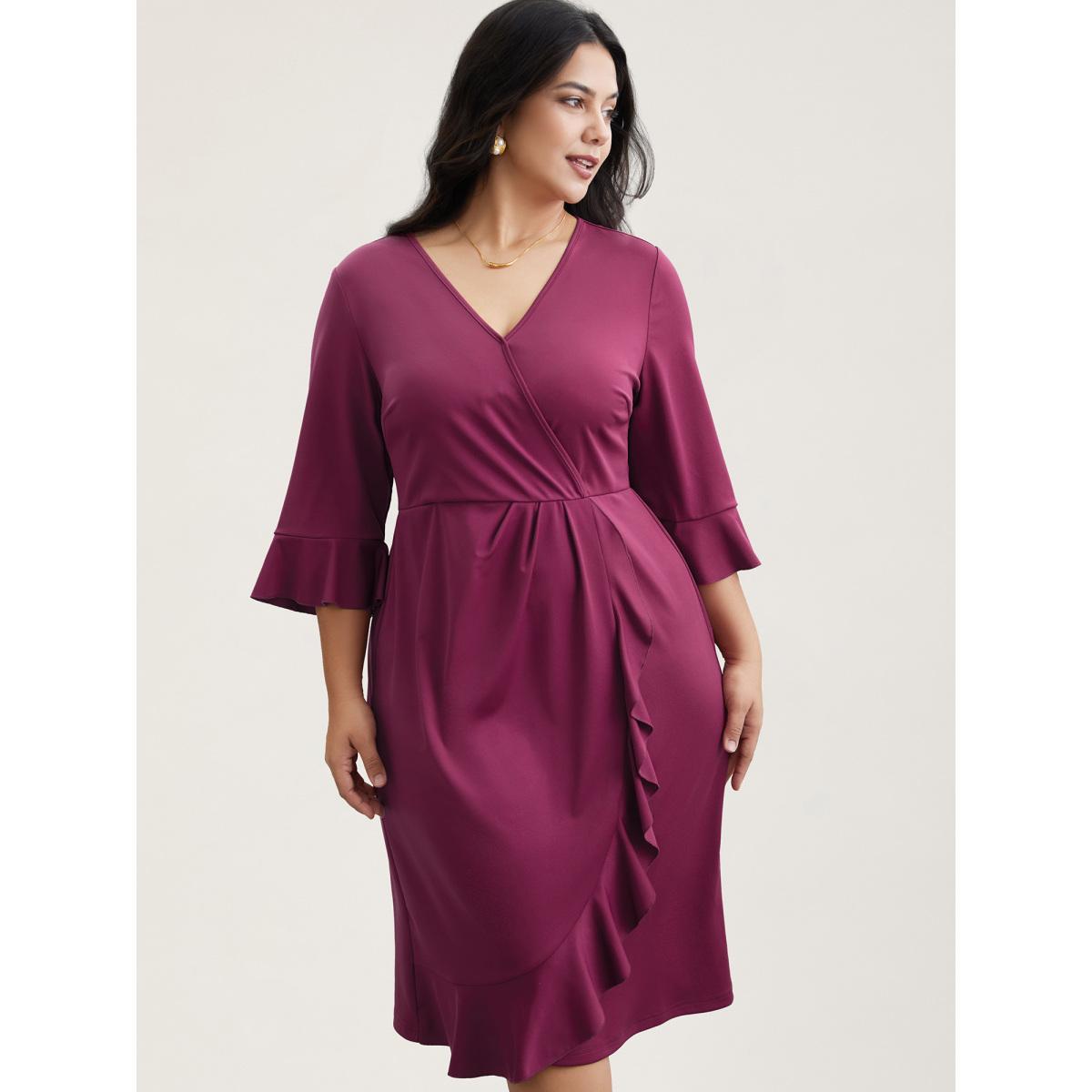 Plus Size Flared V-Neck Fake Wrap Midi Dress Deeppurplered Women Elegant Overlapping Knit Dresses Bloomchic 14-16/1X Product Image
