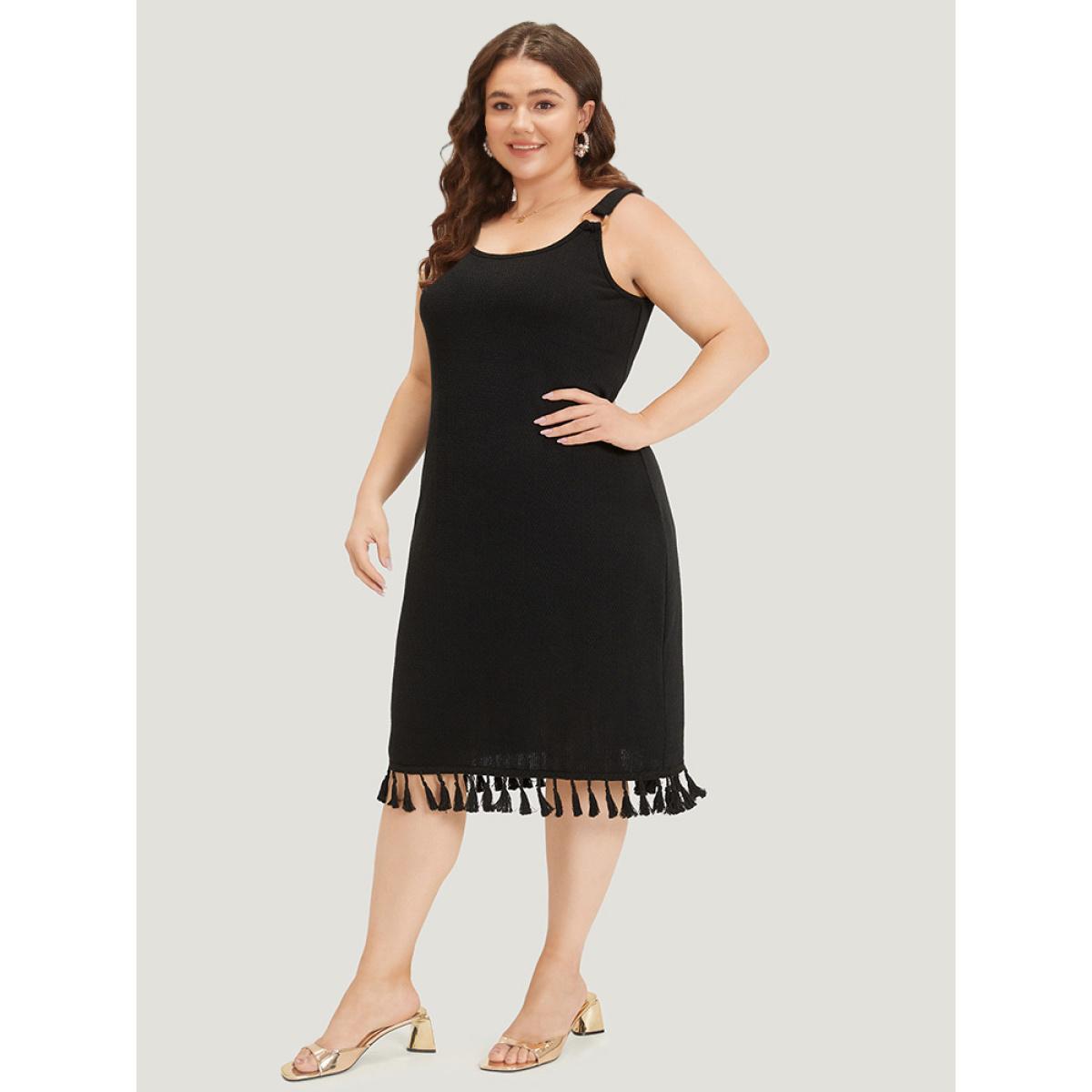 Plus Size Plain Tassel Trim Adjustable Straps Cami Dress Black Women Glamour Adjustable Straps Spaghetti Strap Sleeveless Curvy Midi Dress BloomChic 26/4X Product Image