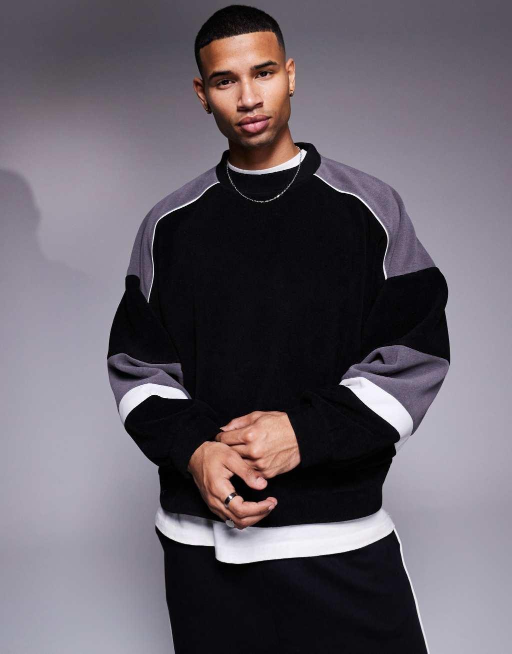 ASOS DESIGN extreme oversized color block sweater in black gray and white fleece Product Image