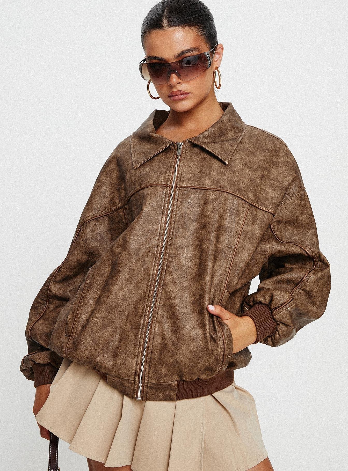 Goldsmith Faux Leather Bomber Jacket Washed Brown Product Image