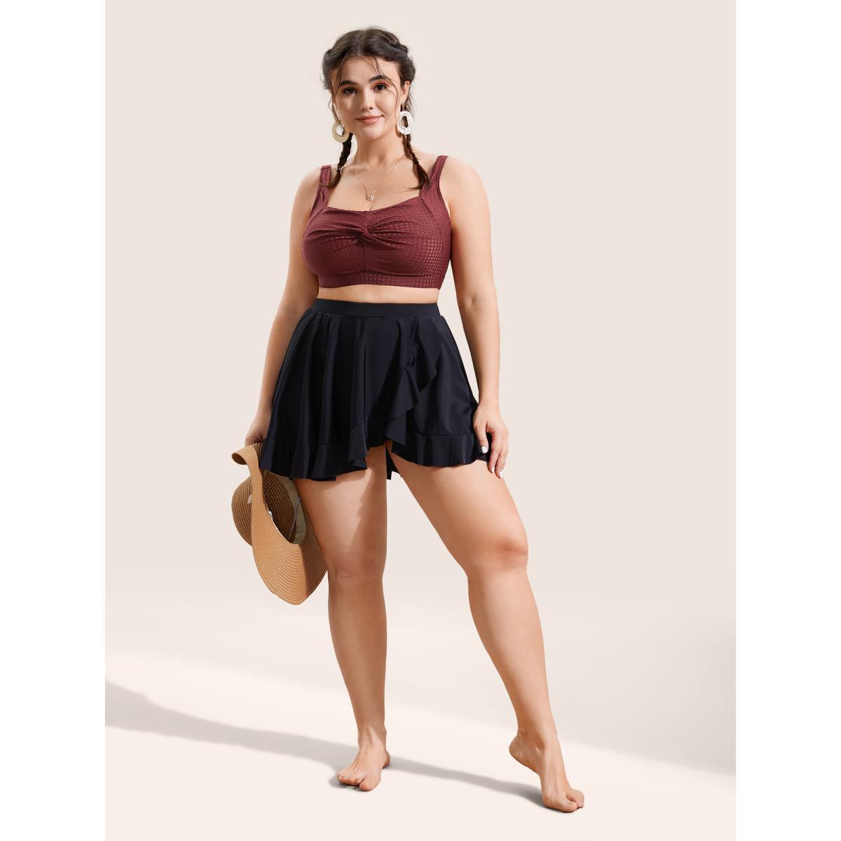Plus Size Solid Twist Texture Swim Top Women's Swimwear Burgundy Beach Twist High stretch Skinny Heart neckline Curve Swim Tops BloomChic 18-20/2X Product Image