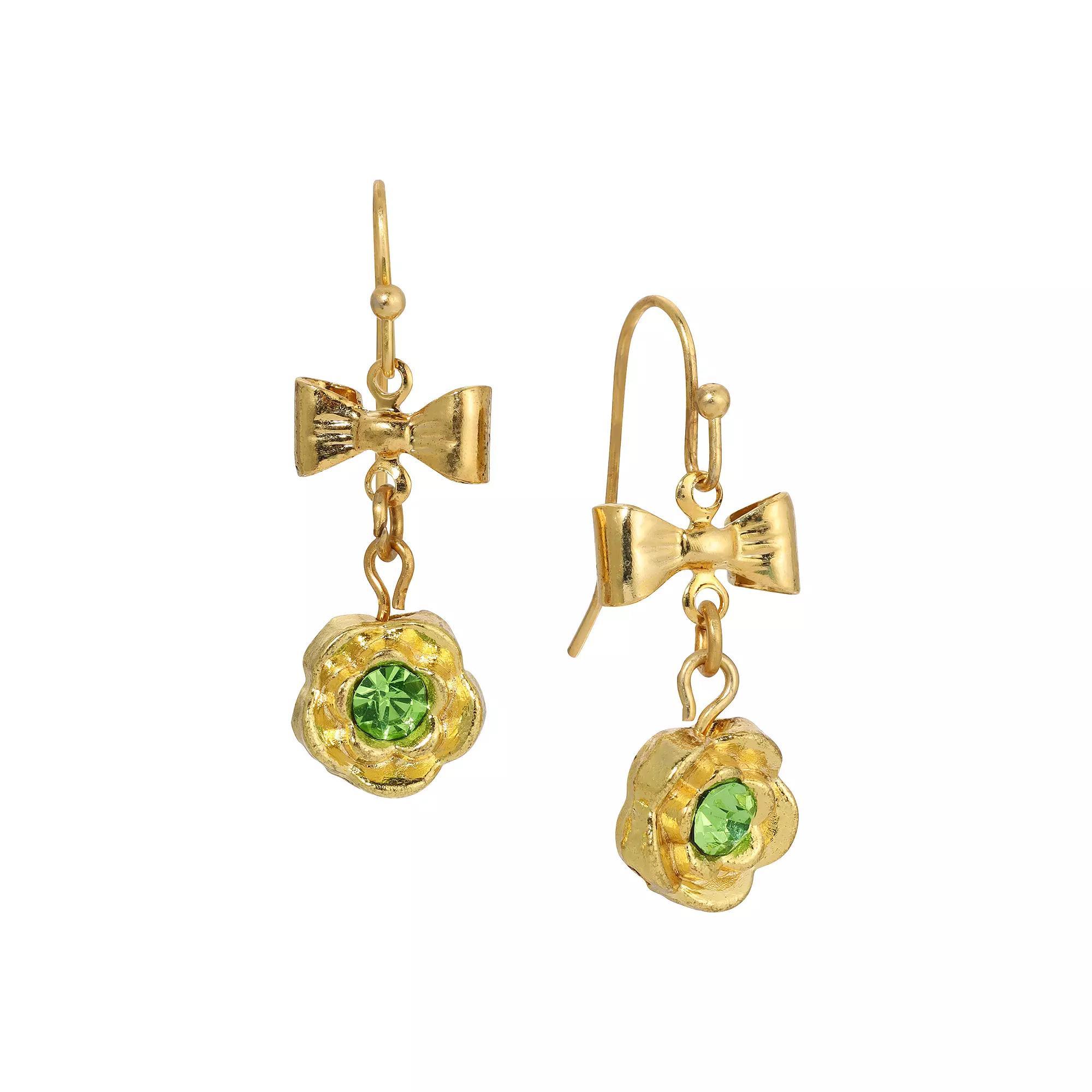 1928 Gold Tone Green Crystal Flower & Bow Drop Earrings, Womens Product Image