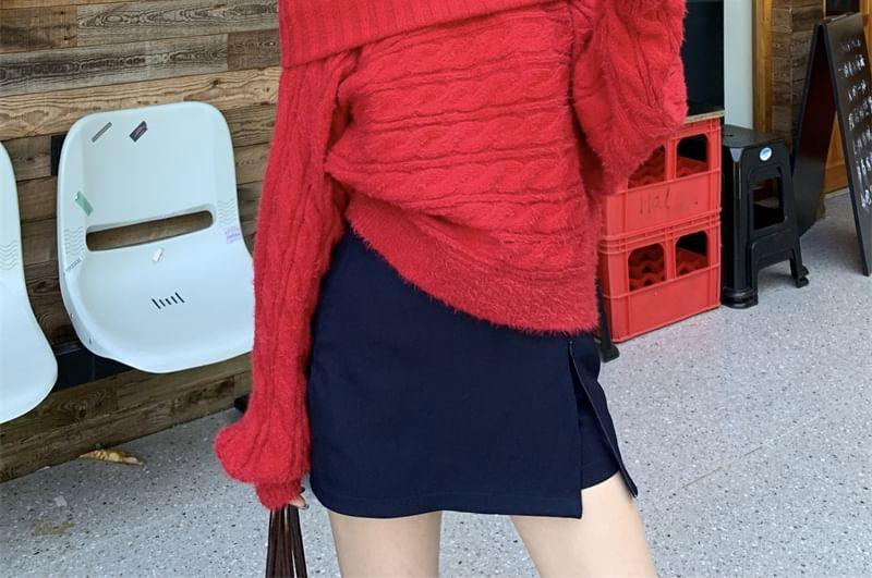 Off Shoulder Plain Cable Knit Sweater Product Image