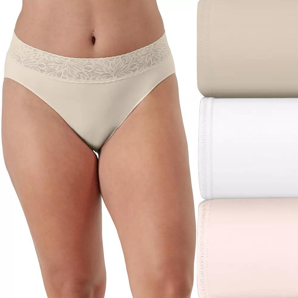 Bali 3-Pack Modern Seamless Lace Trim Hi Cut Underwear DFMLB3, Women's, Size: 9, Buff White Brown Product Image