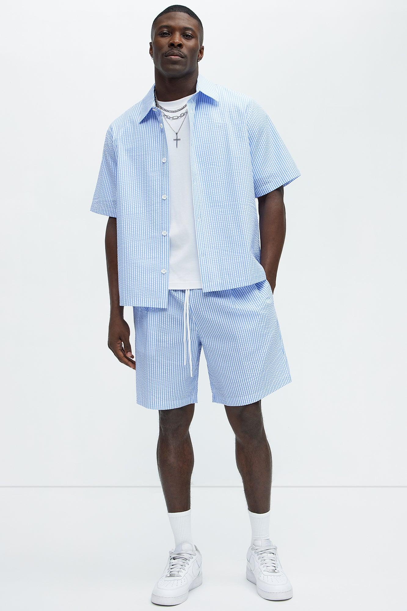 Seersucker Short Sleeve Button Up Shirt - Blue/combo Product Image
