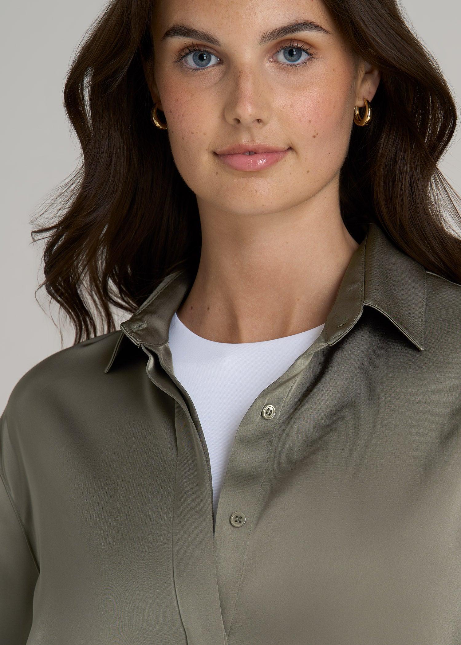 Relaxed Button Up Tall Women's Blouse in Camper Green Product Image