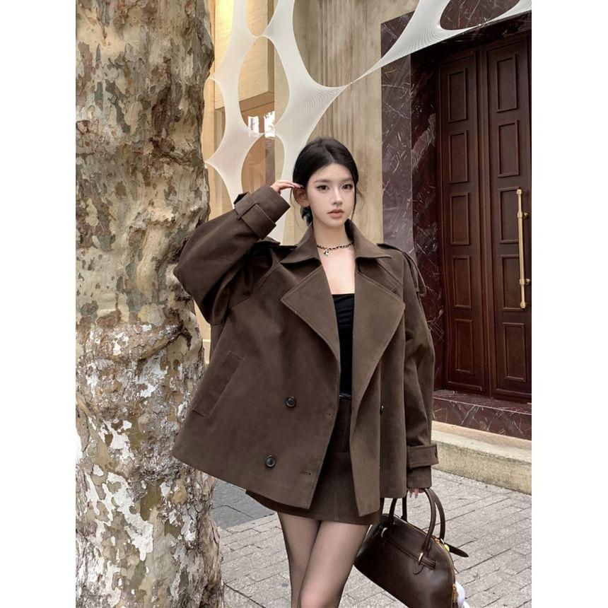 Collared Plain Double Breasted Trench Jacket / High Rise Mini Pencil Skirt Product Image