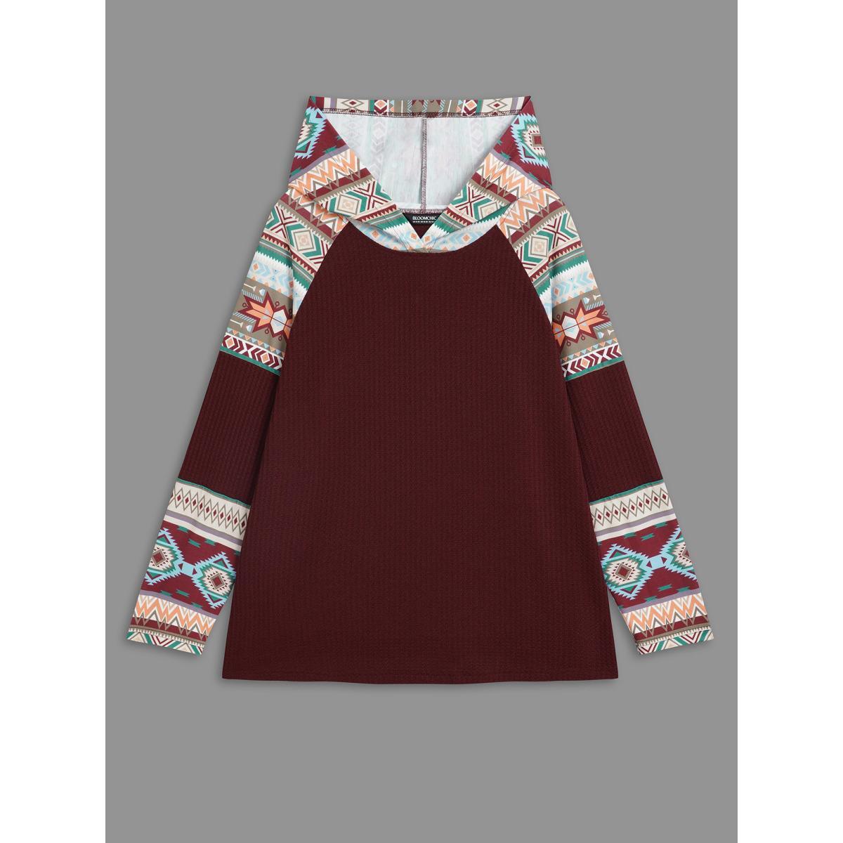Plus Size Bandana Print Texture Patchwork Hooded T-shirt Plum Women Casual Texture Hooded Everyday T-shirts BloomChic 22-24/3X Product Image