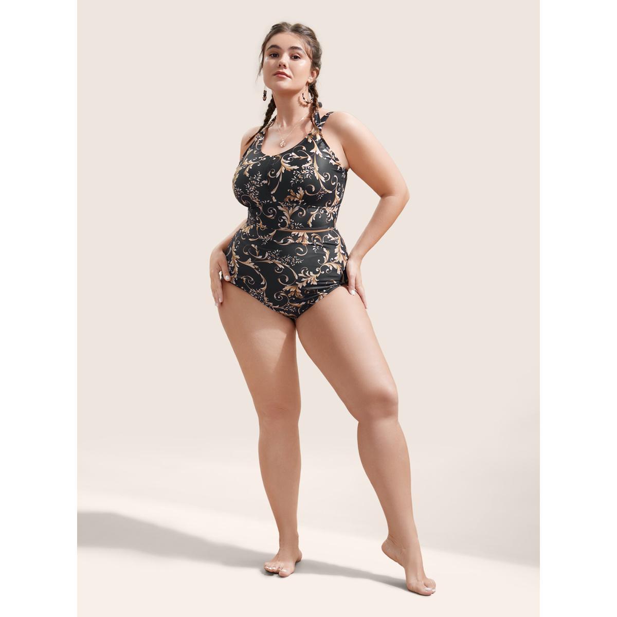 Plus Size Baroque Graphic Skinny Swim Bottom Women's Swimwear Black Beach Non High stretch Skinny High Rise Curve Swim Bottoms BloomChic 12/L Product Image