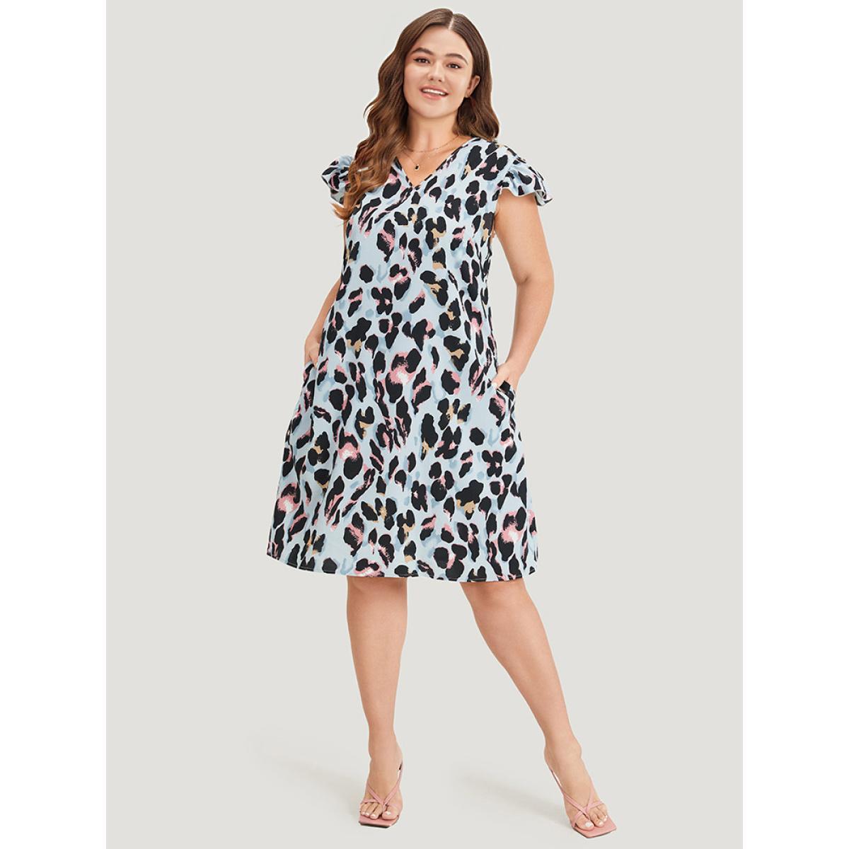 Plus Size Colour Leopard Print Pocket Ruffle Cap Sleeve Dress LightBlue Women Elegant V-neck Cap Sleeve Curvy Knee Dress BloomChic 28/5X Product Image