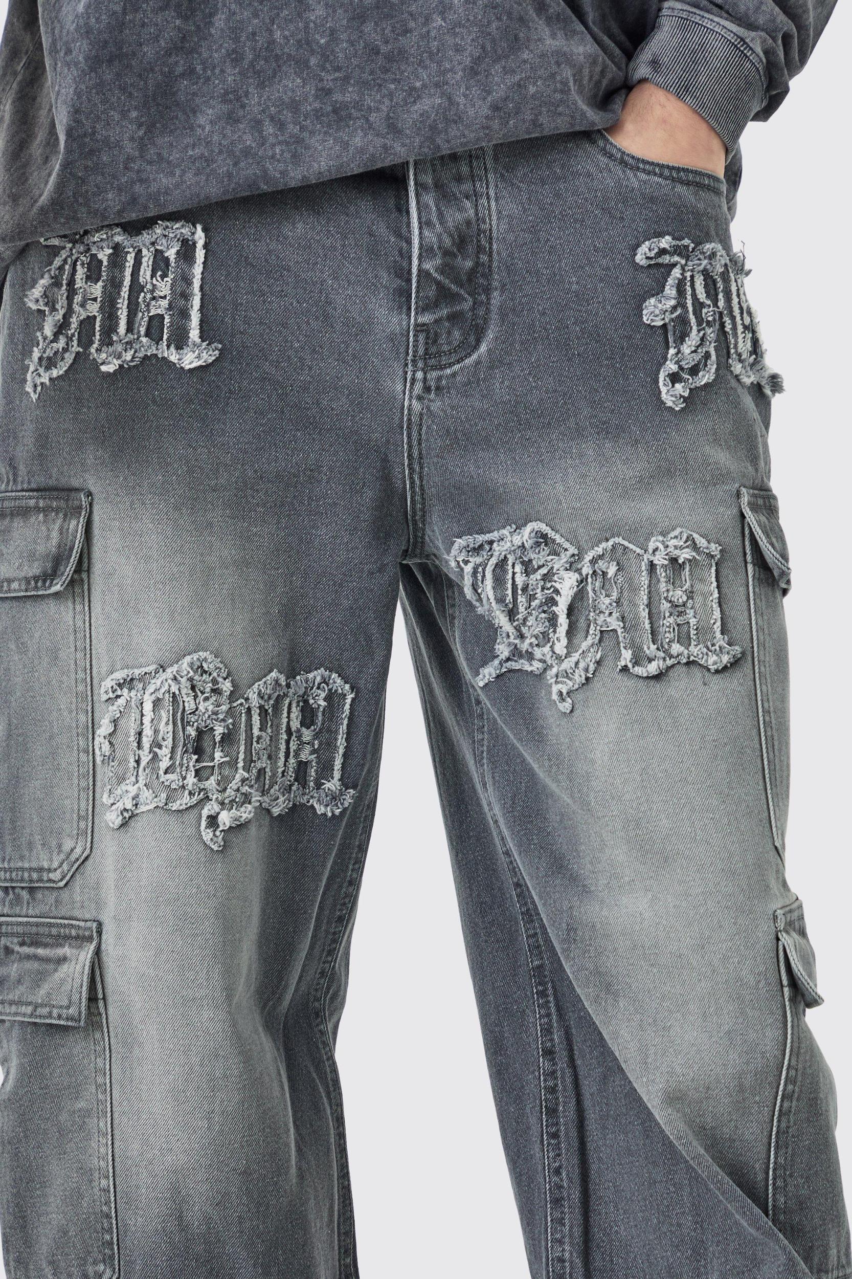 Tall Baggy Rigid Bm Applique Multi Pocket Cargo Jeans | boohooMAN USA Product Image