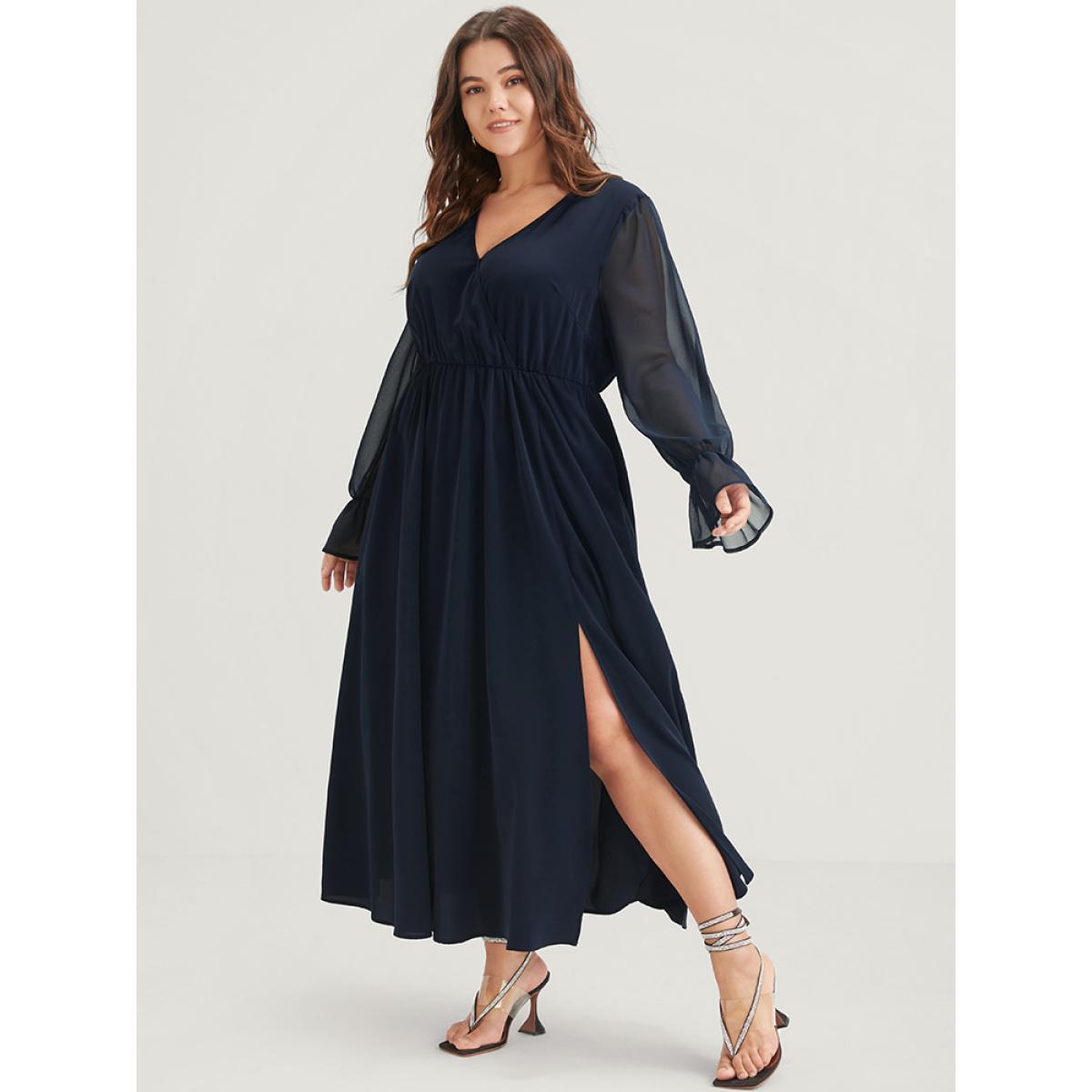 Plus Size Solid Button Split Pocket Wrap Lantern Sleeve Ruffles Hem Dress DarkBlue Women Casual Wrap V-neck Long Sleeve Curvy Midi Dress BloomChic 28/5X Product Image