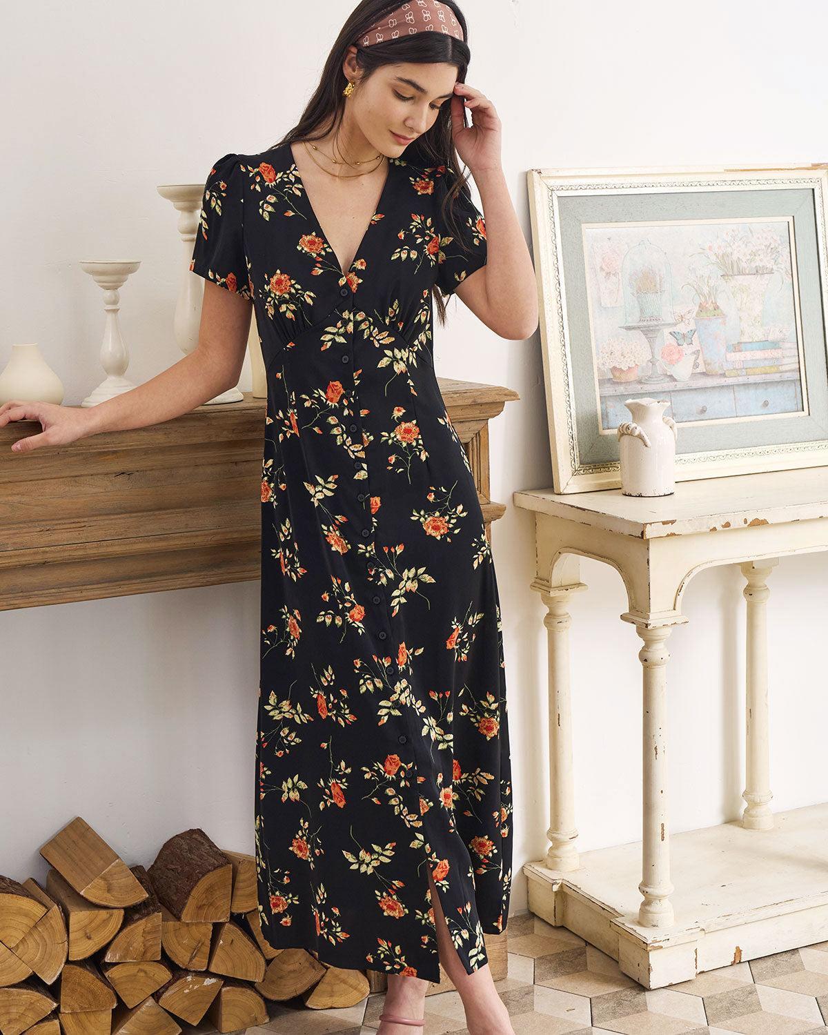 The Black V Neck Floral Short Sleeve Maxi Dress Product Image