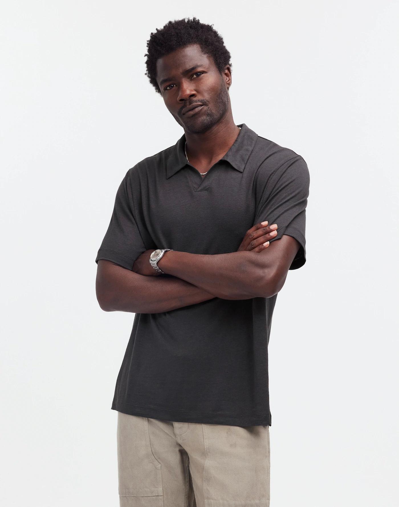 Linen-Blend Johnny-Collar Knit Polo Shirt Product Image