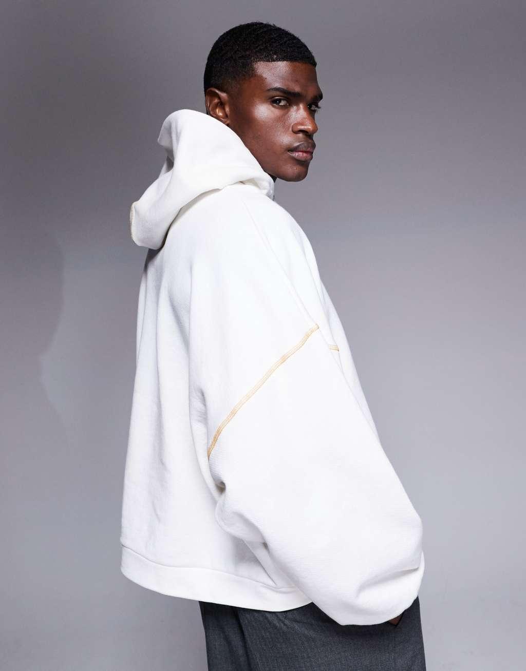 ASOS DESIGN extreme oversized boxy hoodie with wide hood and contrast seems in ecru Product Image