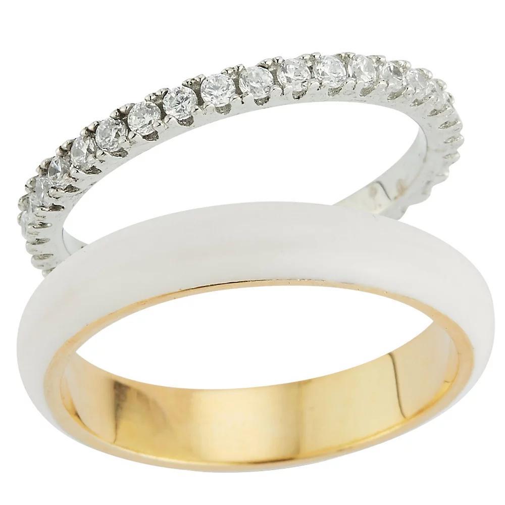 Sunkissed Sterling 14k Gold Over Silver & Sterling Silver Cubic Zirconia Enamel Ring Set, Women's, Size: 6, Two Tone White Product Image