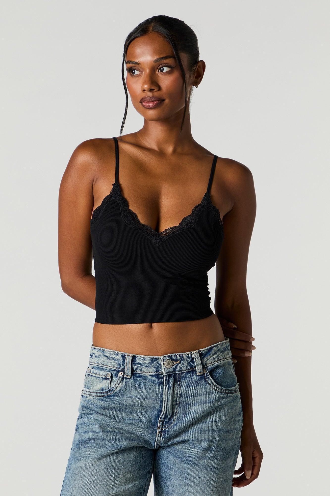 Seamless Ribbed Lace Trim Cami with Built-In Bra Cups Female Product Image