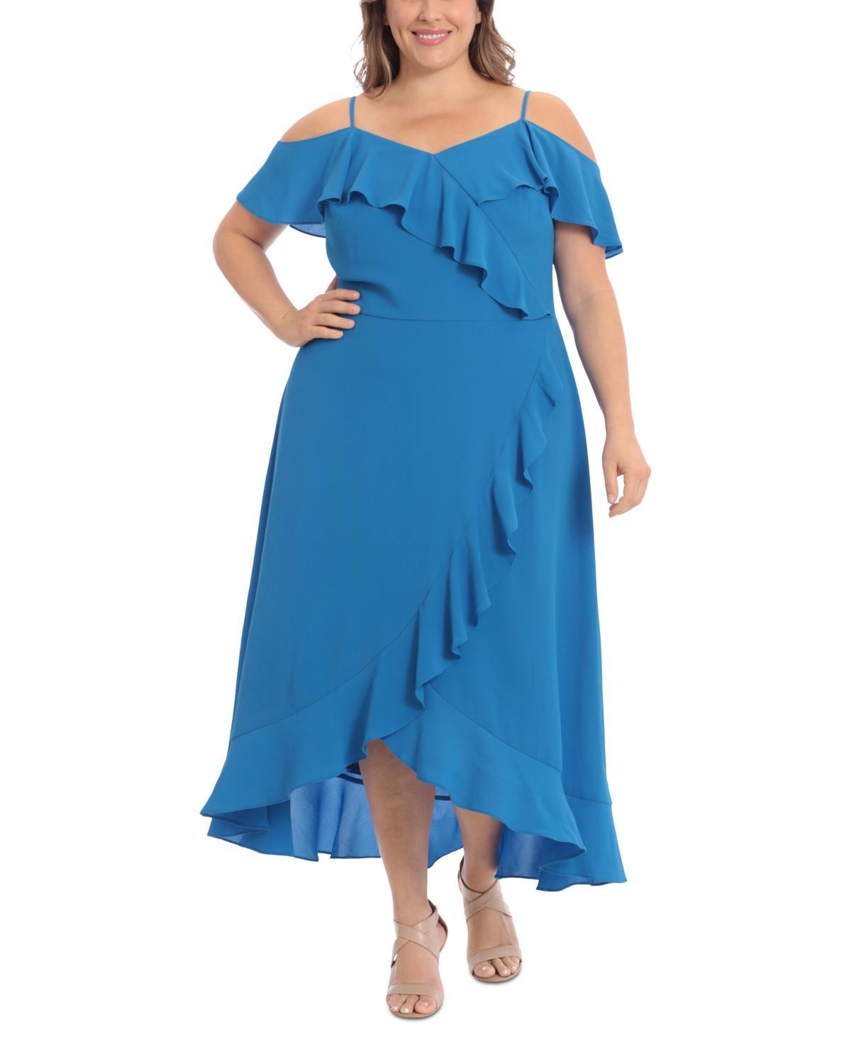 Plus Size London Times Cold Shoulder Ruffle Faux Wrap Dress, Womens Product Image