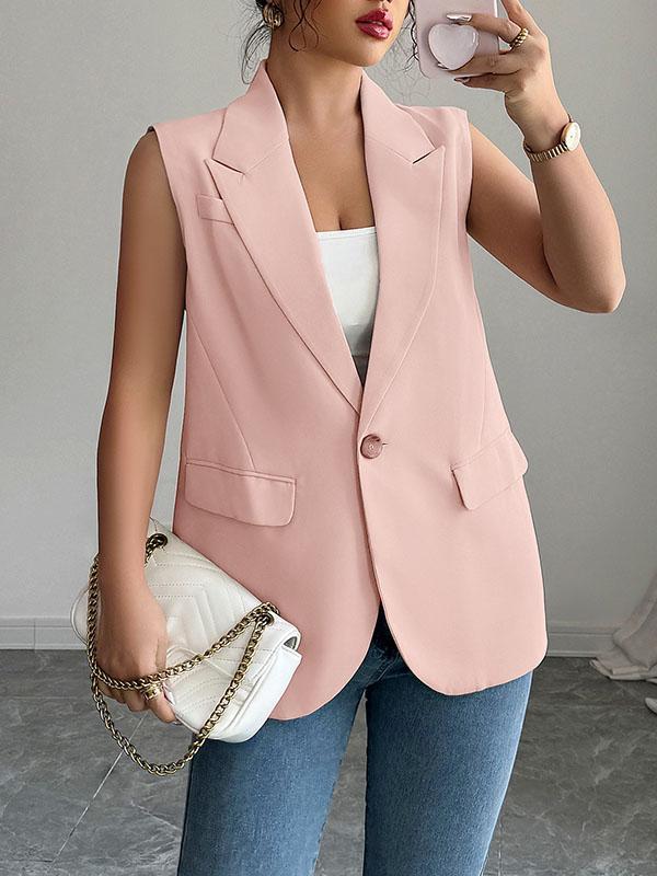 Loose Sleeveless Buttoned Pockets Notched Collar Blazer Vest Top Product Image