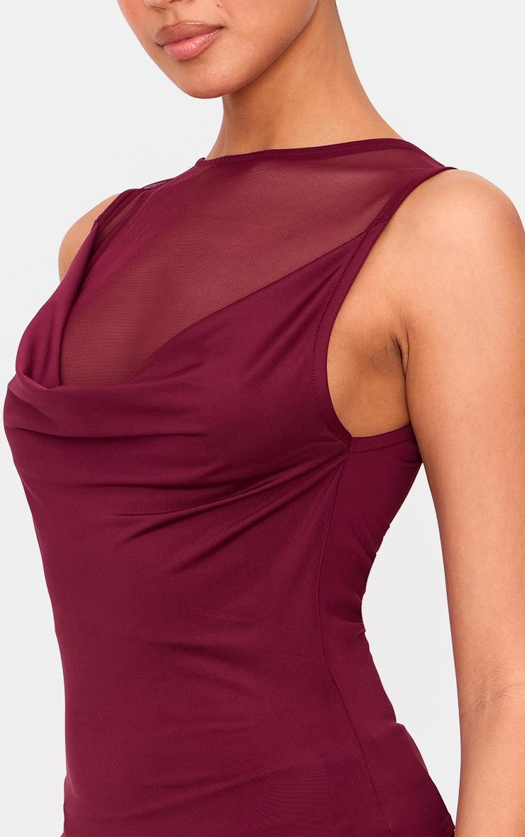 Burgundy Mesh Panel Cowl Slinky Top Product Image