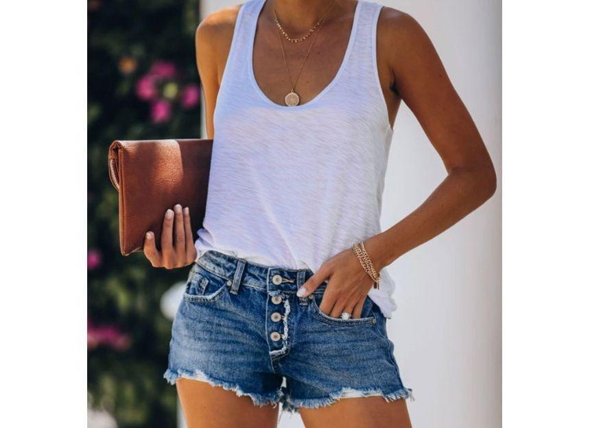 Mid Rise Button Fly Distressed Washed Denim Hot Pants Product Image