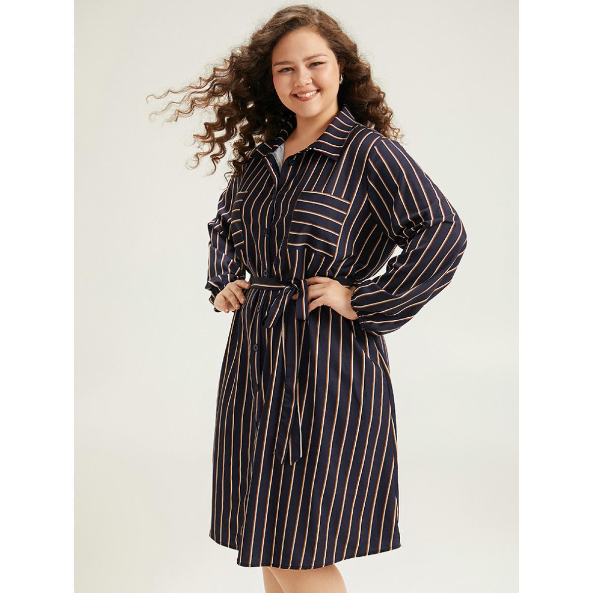 Plus Size Striped Belted Lantern Sleeve Button Through Dress Indigo Women At the Office Belted Shirt collar Long Sleeve Curvy Midi Dress BloomChic 28/5X Product Image