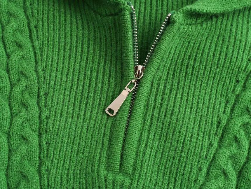 Half-Zip Plain Cable-Knit Sweater Product Image