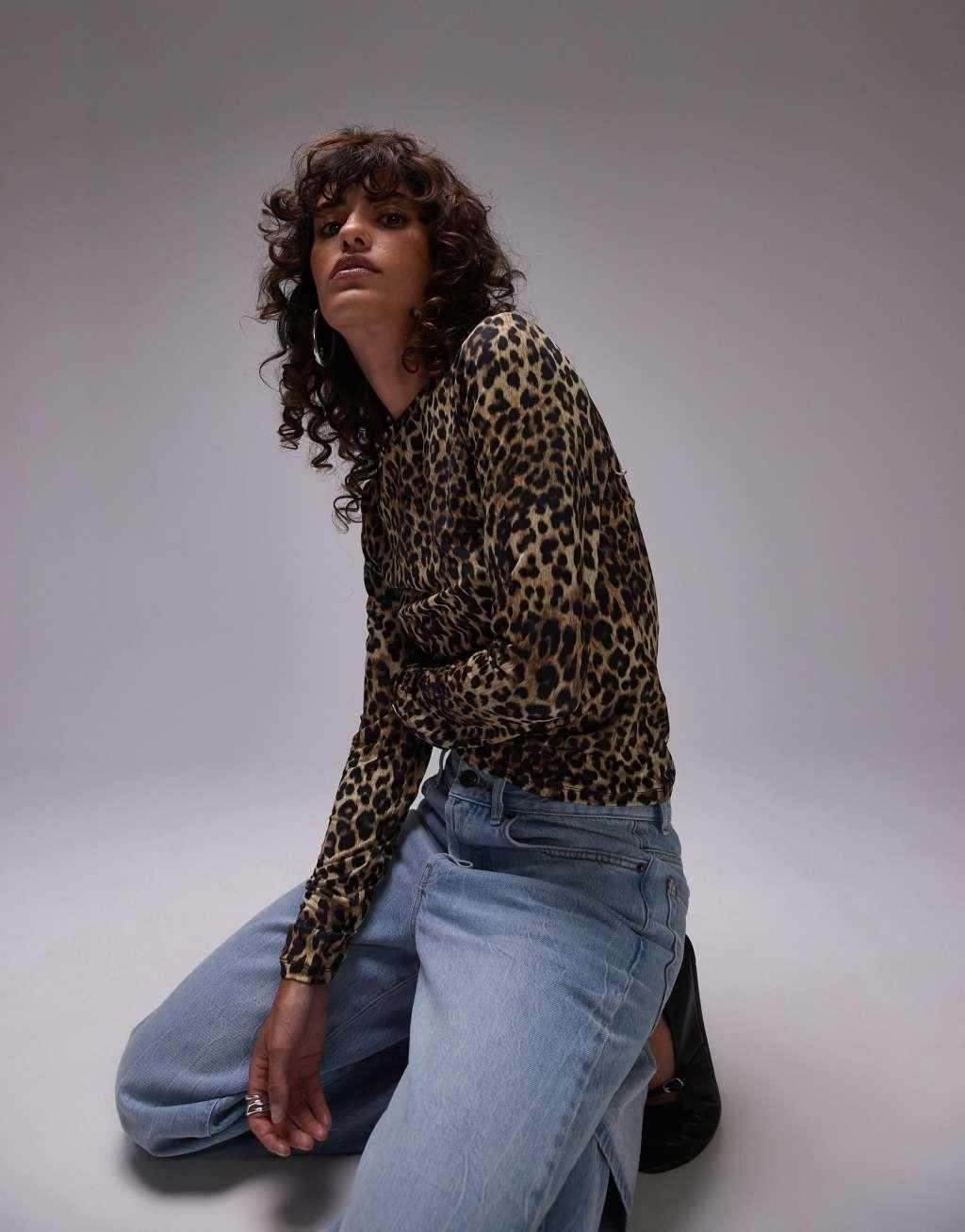 Topshop leopard print microfiber long sleeve top Product Image