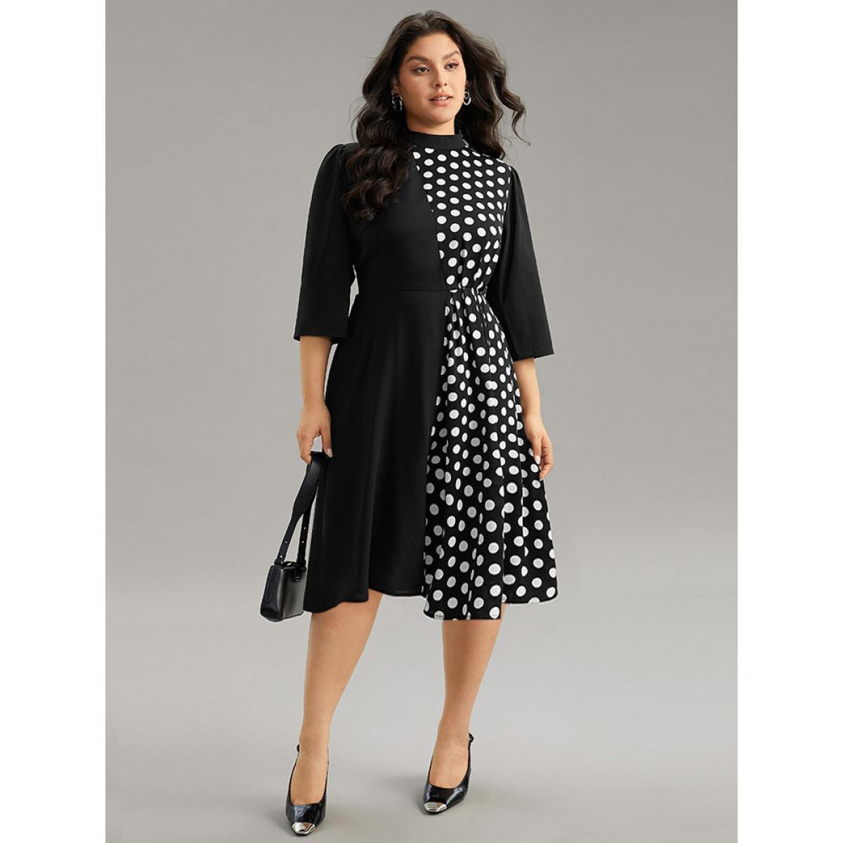 Plus Size Polka Dot Patchwork Mock Neck Elastic Waist Dress Black Women At the Office Contrast Mock Neck Elbow-length sleeve Curvy Midi Dress BloomChic 22-24/3X Product Image