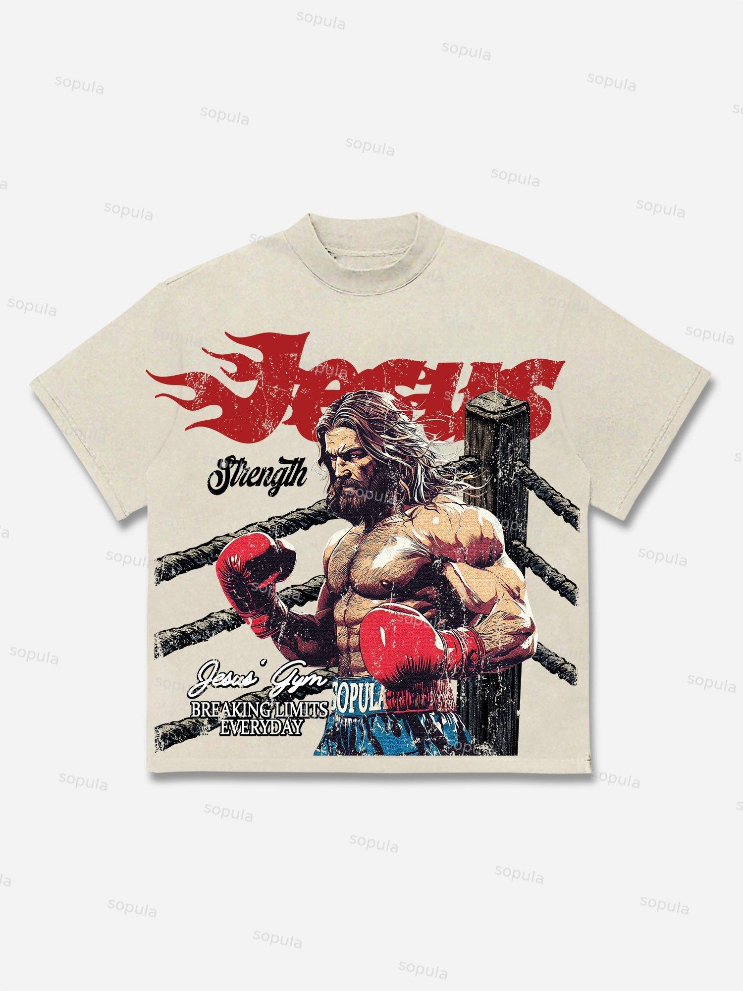 Jesus' Gym Boxer Graphic Print Cotton T-shirt Product Image