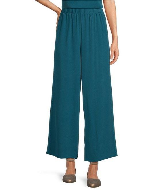 Eileen Fisher Silk Georgette Crepe Elastic Waisted Wide Leg Pull-On Ankle Pants Product Image