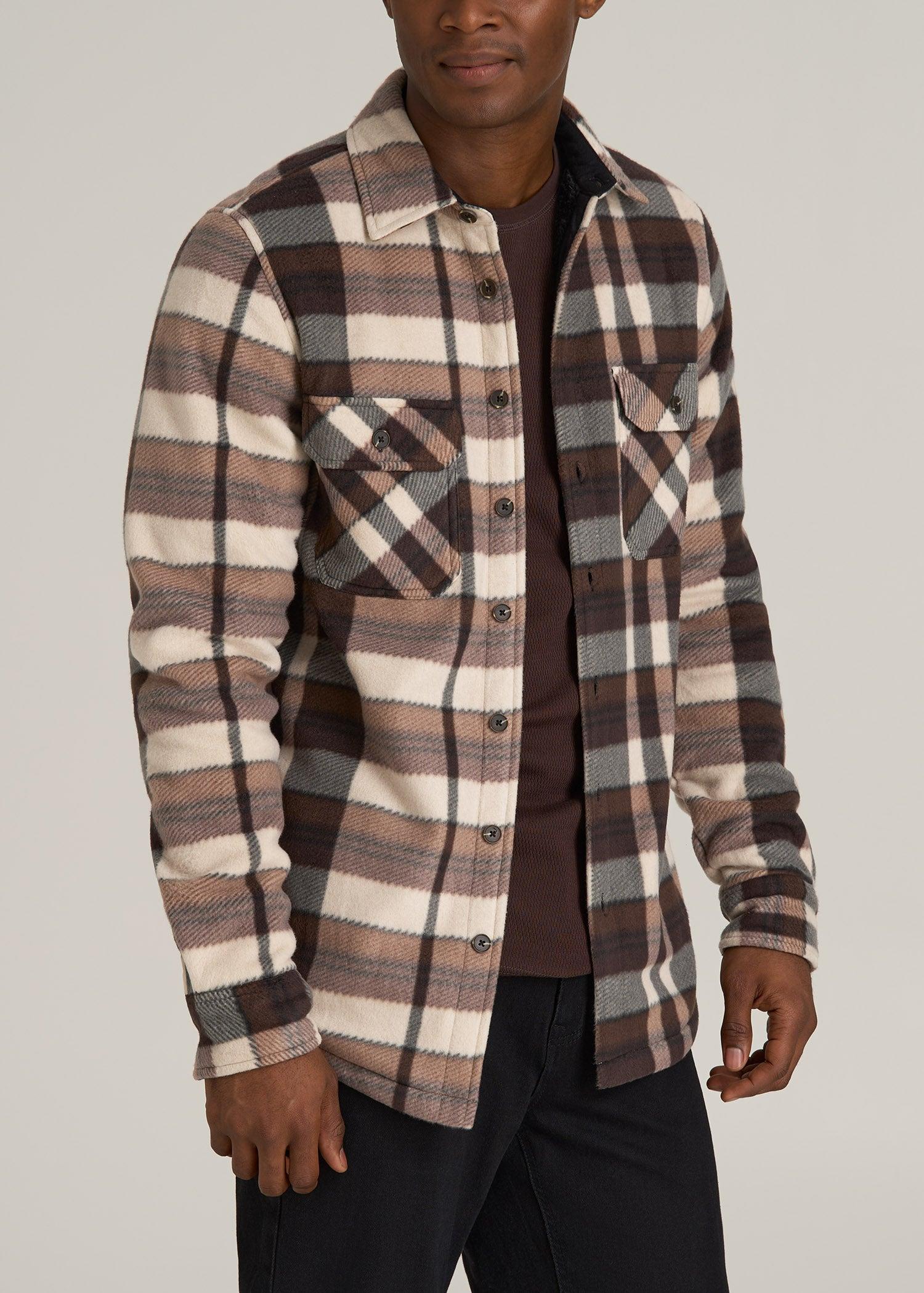 Sherpa-Lined Fleece Overshirt for Tall Men in Beige Tartan Product Image