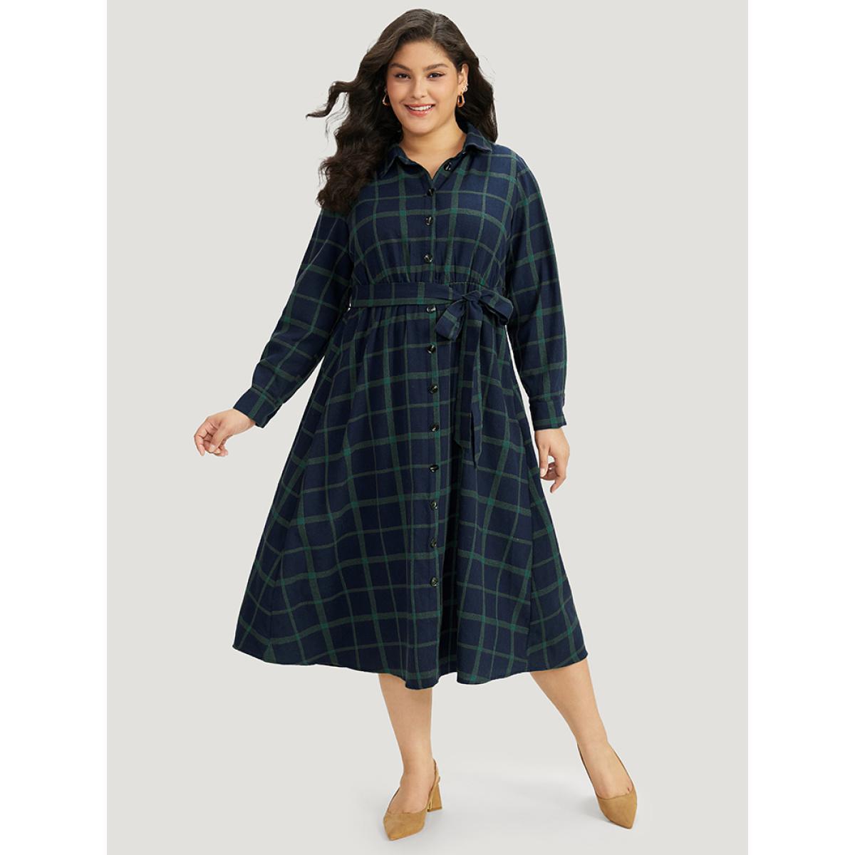 Plus Size Plaid Shirt Collar Button Fly Belted Dress Blue Women Office Belted Shirt collar Long Sleeve Curvy Midi Dress BloomChic 28/5X Product Image