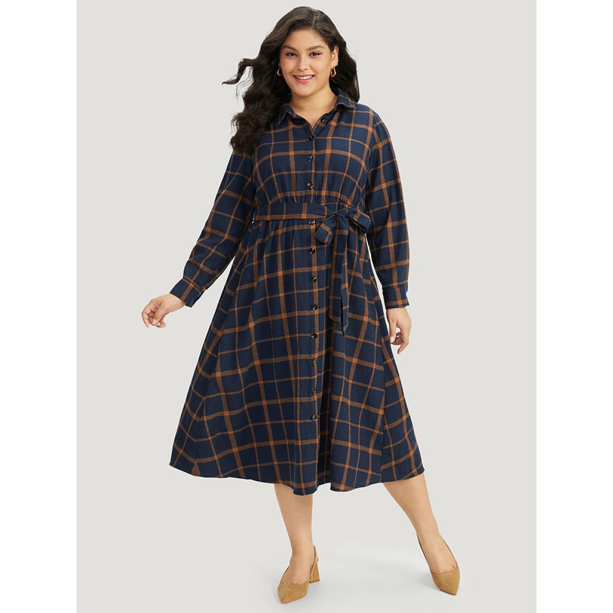 Plus Size Plaid Shirt Collar Button Fly Belted Dress Navy Women Office Belted Shirt collar Long Sleeve Curvy Midi Dress BloomChic 18-20/2X Product Image