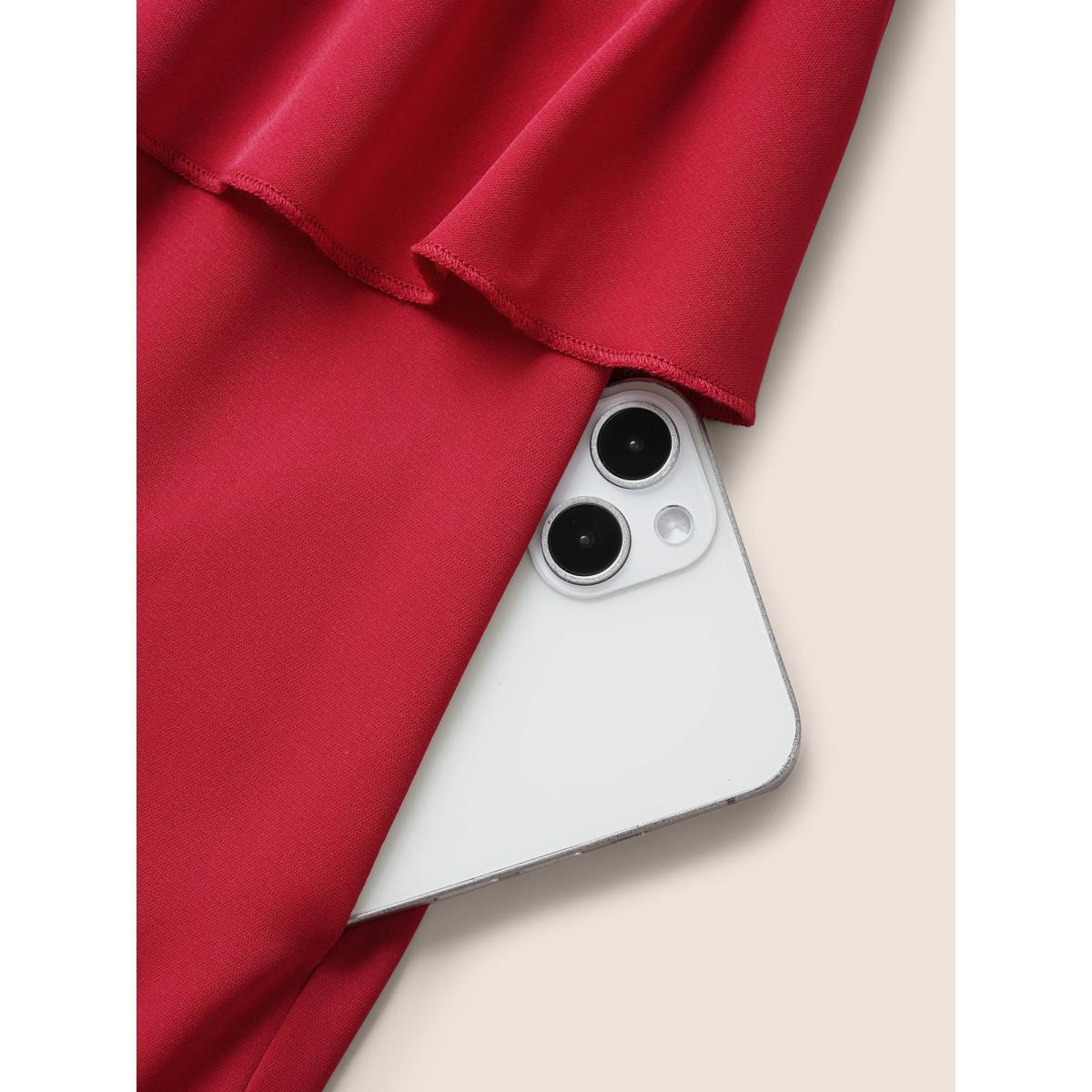 Plus Size Heart Neckline Bowknot Ruffle Trim Midi Dress Crimson Women Elegant Tie knot Heart neckline Short sleeve Curvy BloomChic 30/6X Product Image