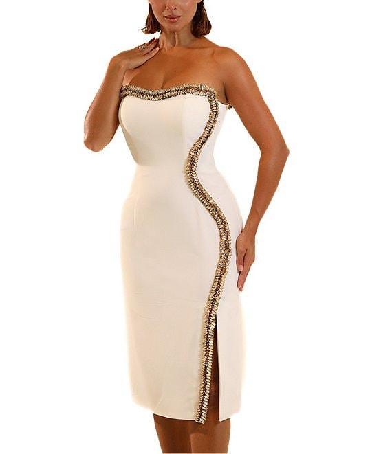 Terani Couture Beaded Trim Strapless Crepe Sheath Midi Dress Product Image