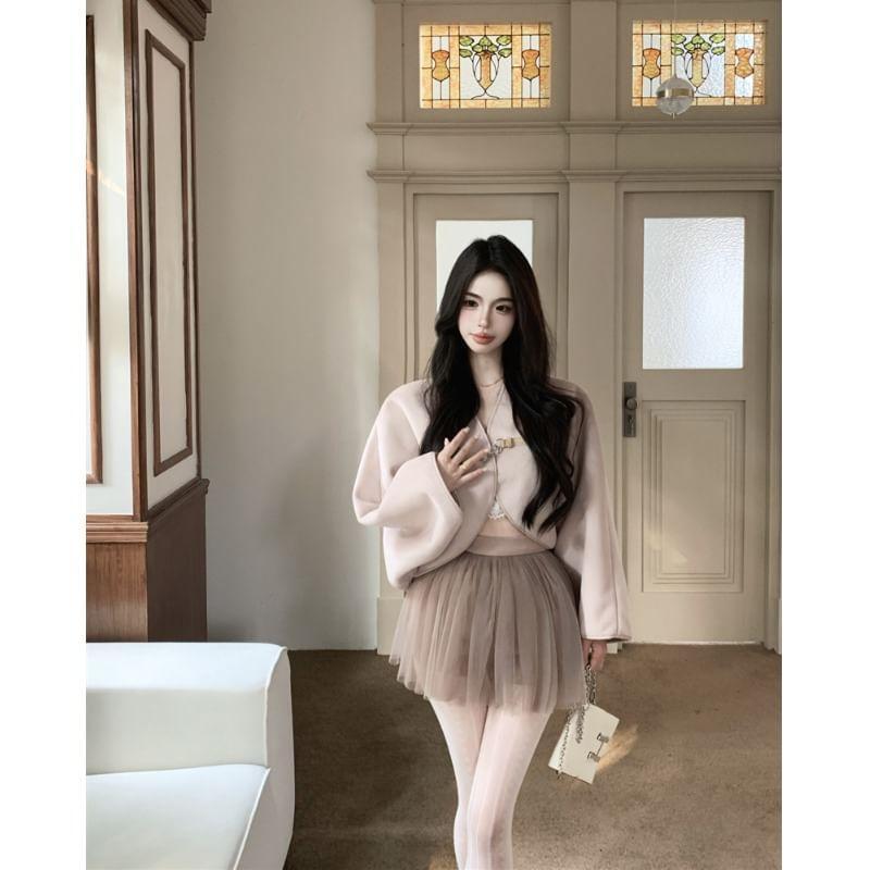 V-Neck Plain Buckled Crop Jacket / Mid Waist Plain Mini A-Line Skirt Product Image