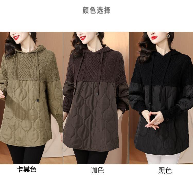 Plain Patchwork Hooded Cable-Knit Sweater Product Image
