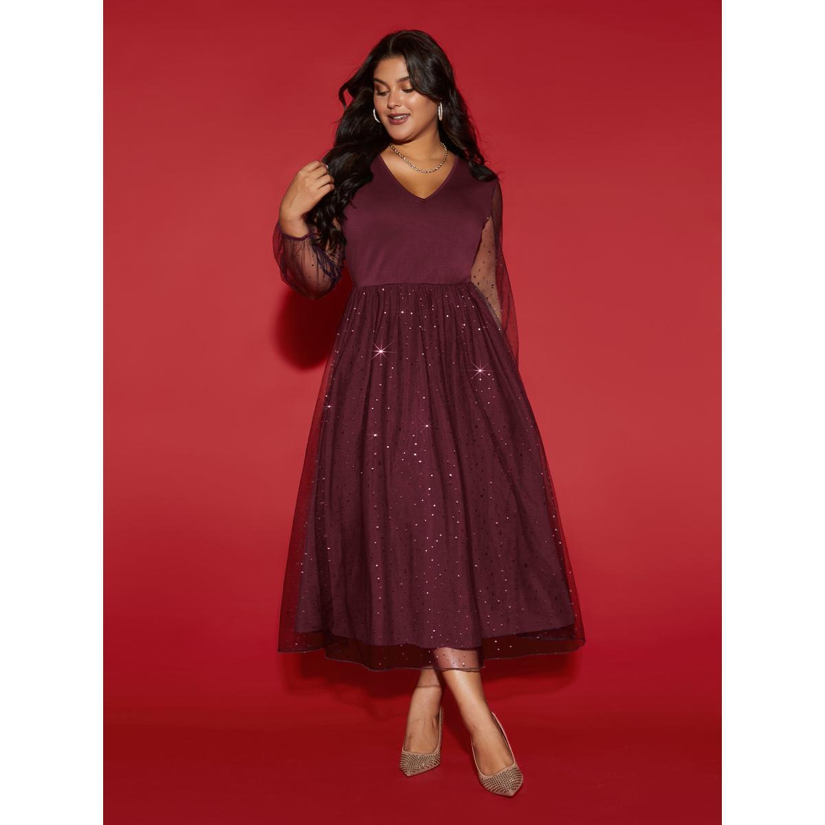 Plus Size Sheer Mesh Shimmering Sequins Maxi Dress Burgundy Women Cocktail Texture Party Curvy Bloomchic 18-20/2X Product Image