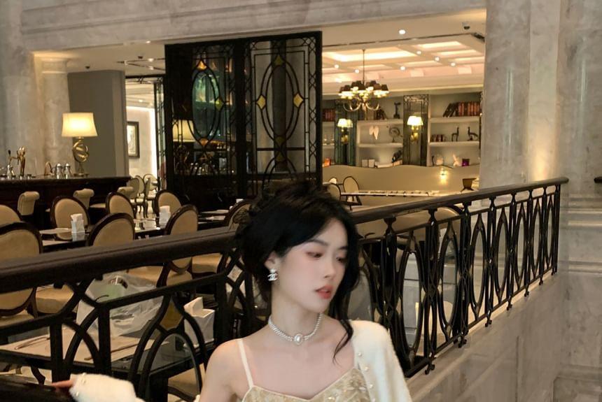 Spaghetti Strap V-Neck Pattern Jacquard Fringed Maxi A-Line Dress / Plain Faux Pearl Accent Long Cardigan / Set Product Image