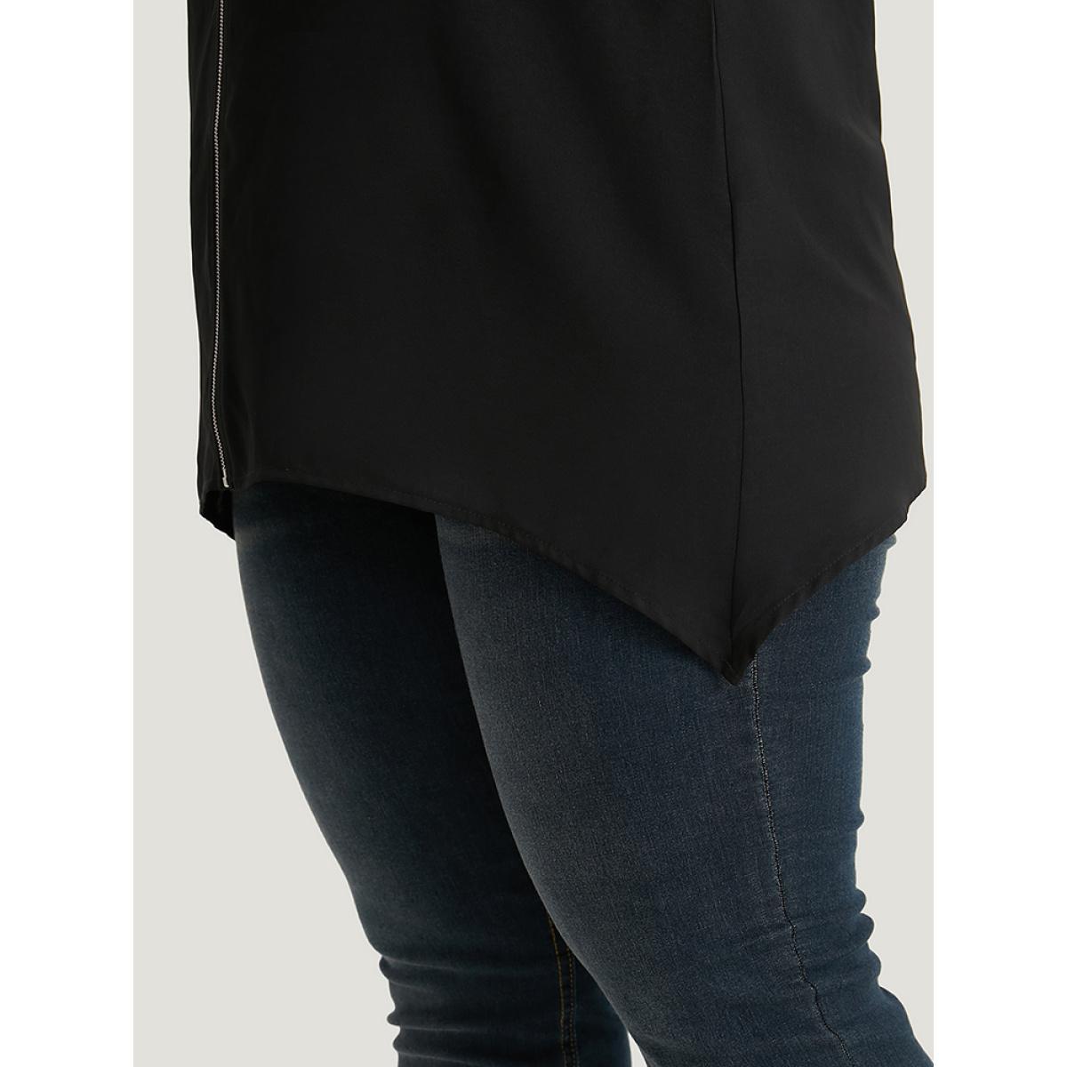 Plus Size Black Plain Zipper Curved Hem Blouse Women Office Short sleeve V-neck Work Blouses BloomChic 18-20/2X Product Image