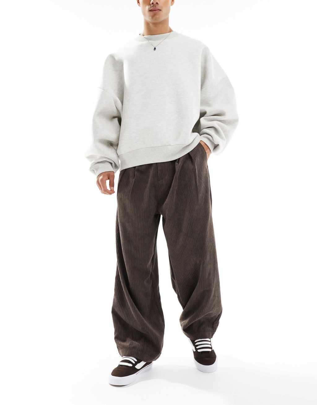 ASOS DESIGN oversized baggy cord pants with pleats in brown  Product Image